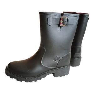 TOMMY HILFIGER Women's Rain Boots Black Pink Buckle Sz 9M